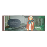 Illustrated character in orange coat and teal scarf promoting versla pesten